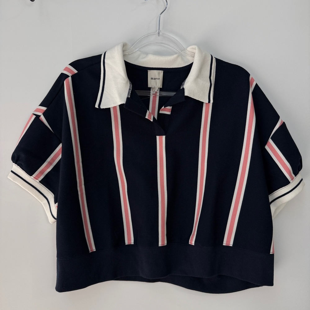 Maeve Anthropologie Navy Striped Cropped Polo‎ Shirt Top Large NWT